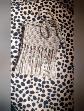Mini Boho Fringe Crochet Crossbody Bag in Beige